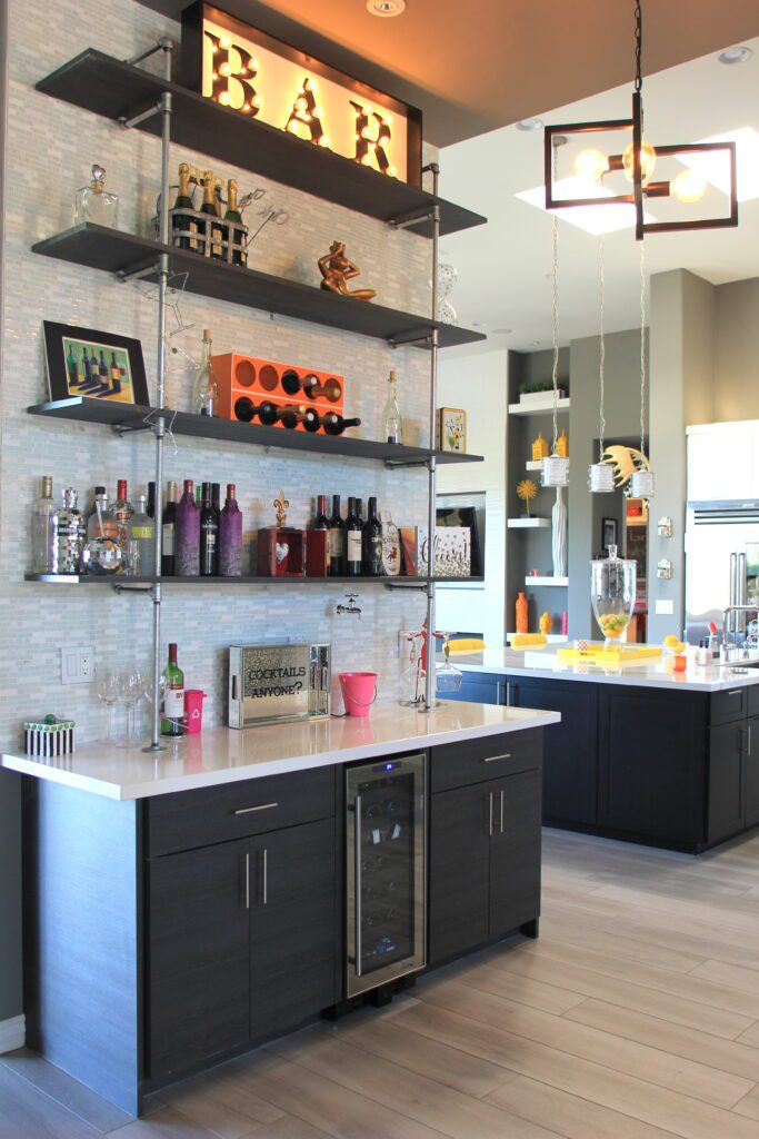 A kitchen with shelves and cabinets in it