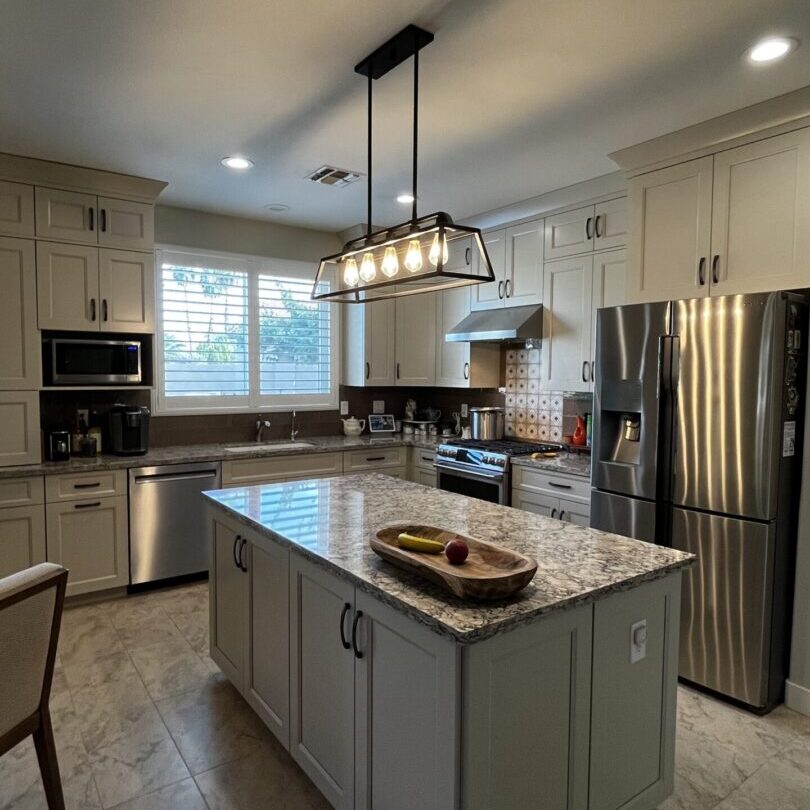 A kitchen with white cabinets and granite counter tops.